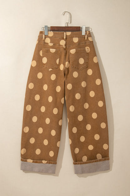 Brown Polka Dot Ankle-Length Metal Button Casual Jeans