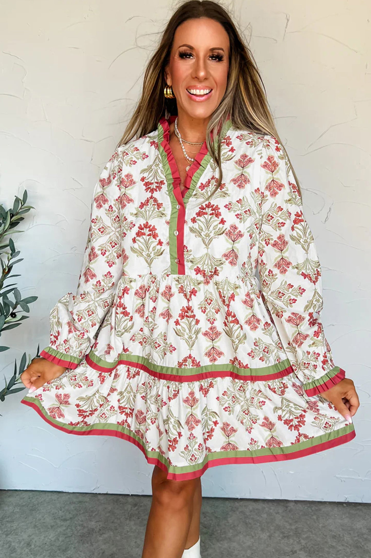 Pink Floral Print Contrast Trim Frilled Neck Long Sleeve Flared Dress