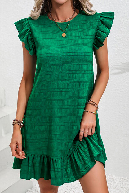 Dark Green Textured Flutter Sleeve Ruffled Mini Dress