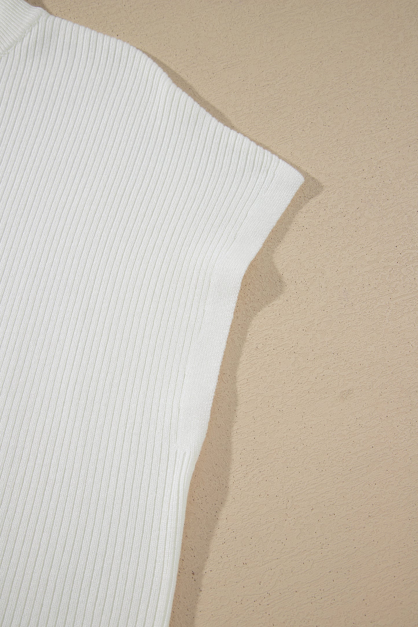 White Solid Color Ribbed Knit Mock Neck Loose Short Sleeve Sweater