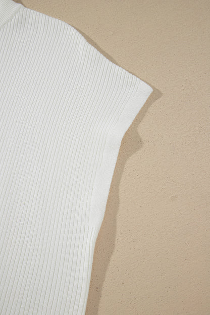 White Solid Color Ribbed Knit Mock Neck Loose Short Sleeve Sweater
