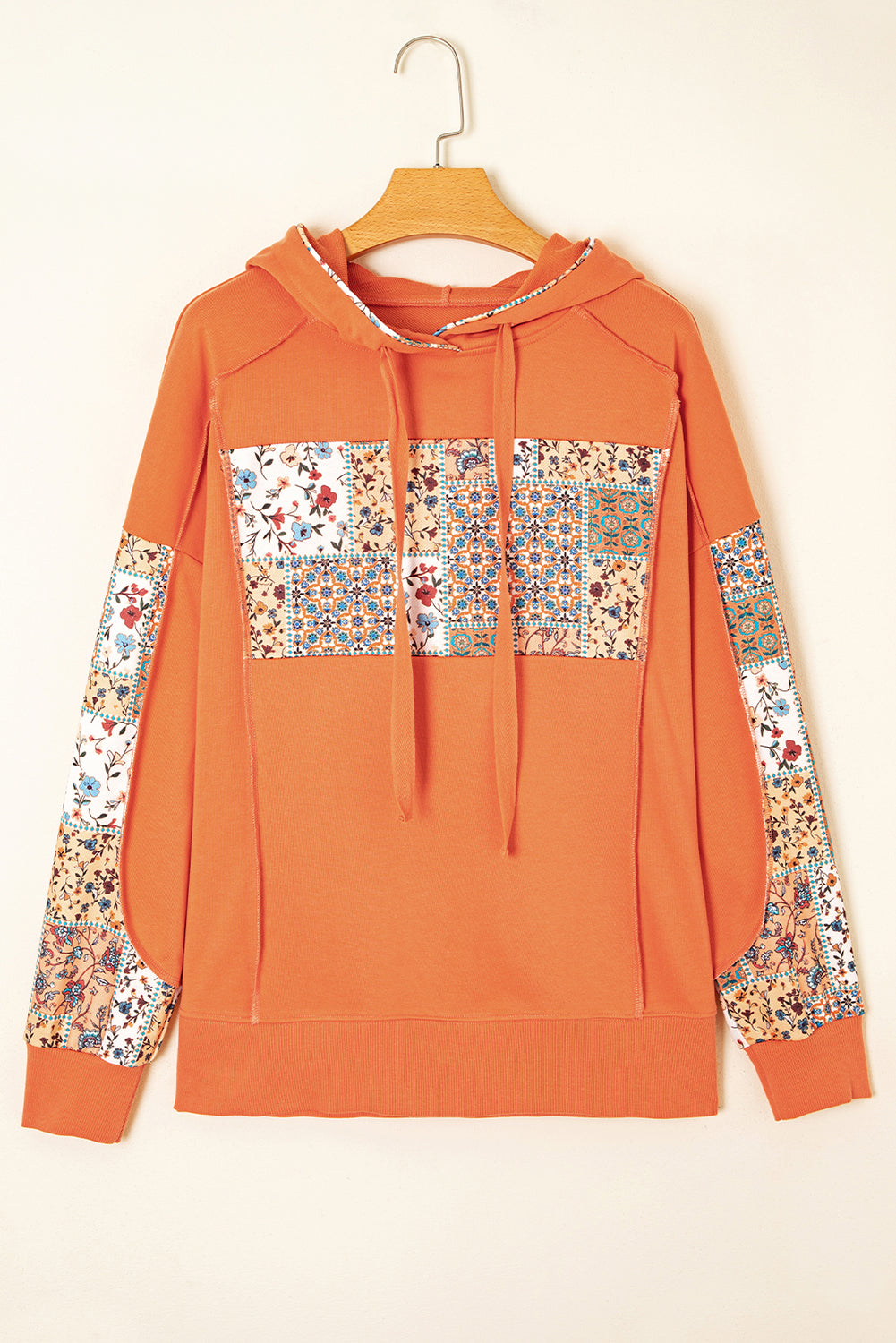 Flamingo Mix Floral Patchwork Side Slit Drawstring Hoodie