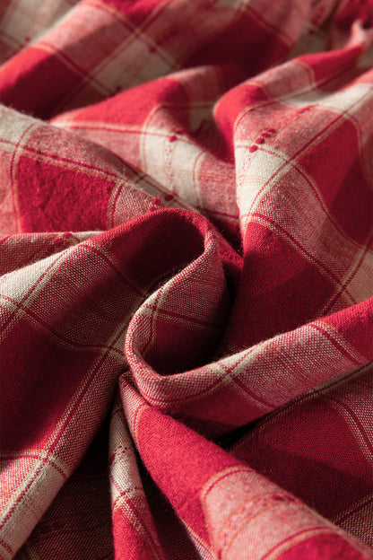 Red Plaid Print Smocked Puff Sleeve Mini Dress