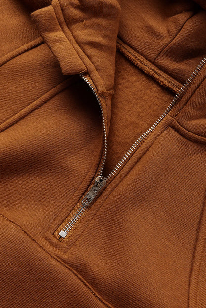 Brown Quarter Zip Kangaroo Pocket Hoodie - Chic Meadow Boutique 