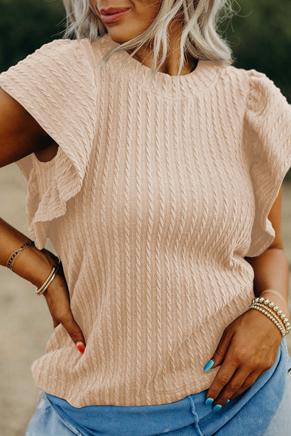 Beige Solid Color Textured Flutter Sleeve Top