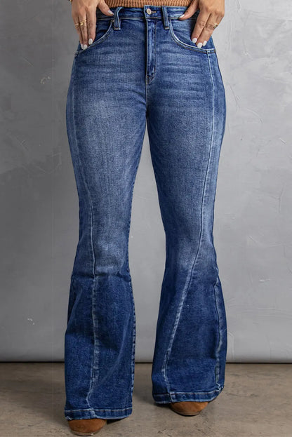 Dark Blue Plus Size Stitching Washed Flare Jeans - Chic Meadow Boutique 