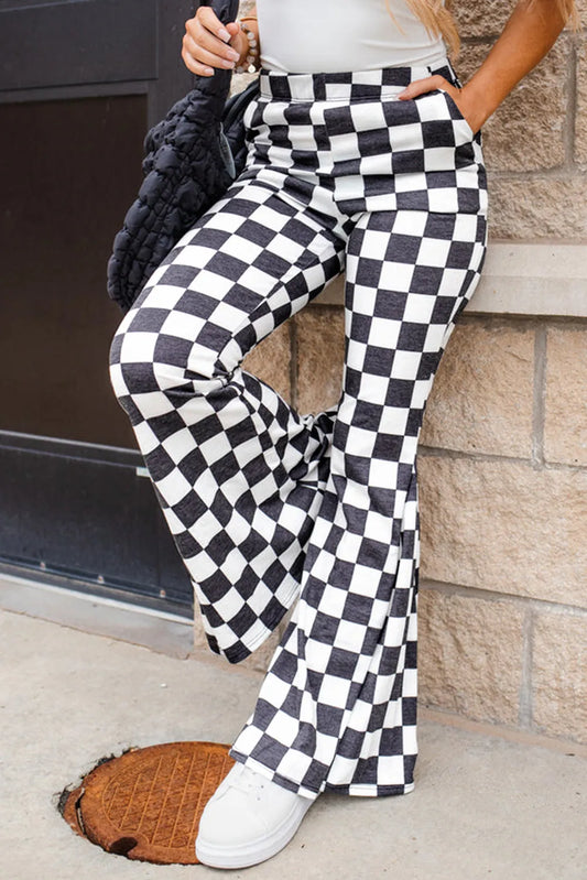 Black Checkerboard High Rise Casual Flared Pants - Chic Meadow Boutique 