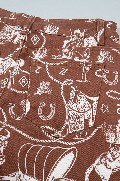 Brown Western Print Casual Shift Jeans