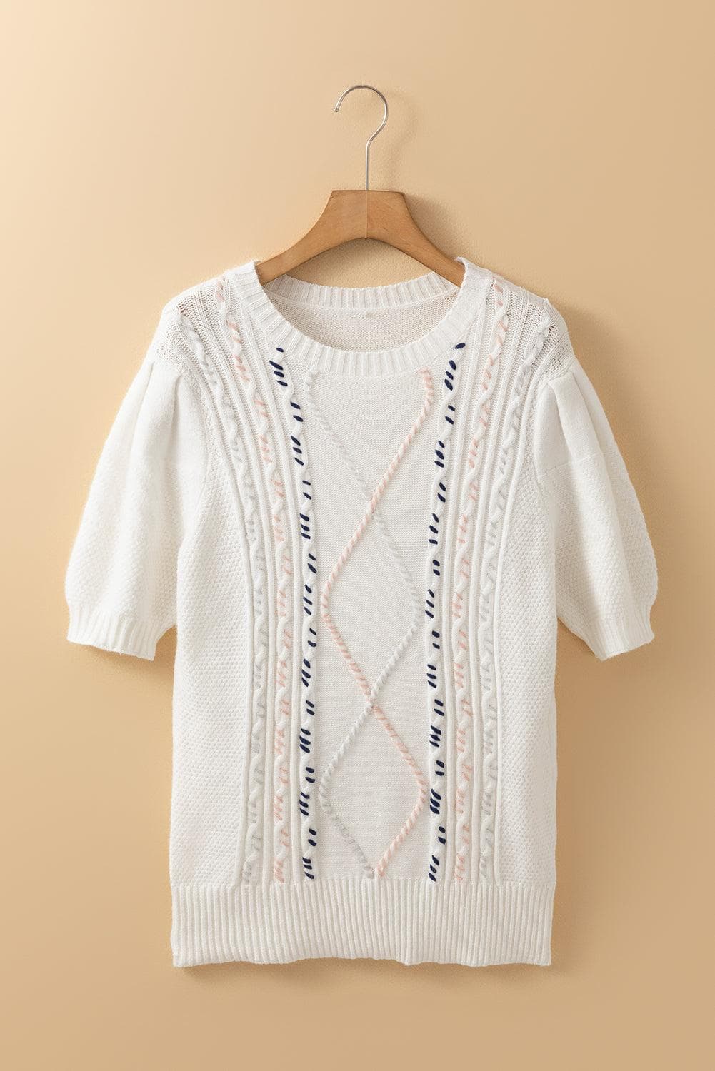 Sweaters & Cardigans/Short Sleeve Sweaters White Multicolor Stitch Detail Cable Knit Short Sleeve Sweater