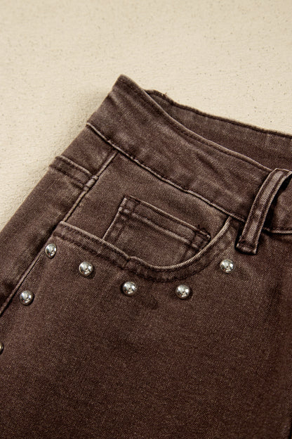 Coffee Studded Detail Straight Leg Casual Loose Jeans