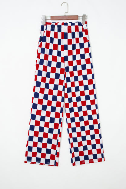Red 2-Tone Checked Print High Waist Wide Leg Pants