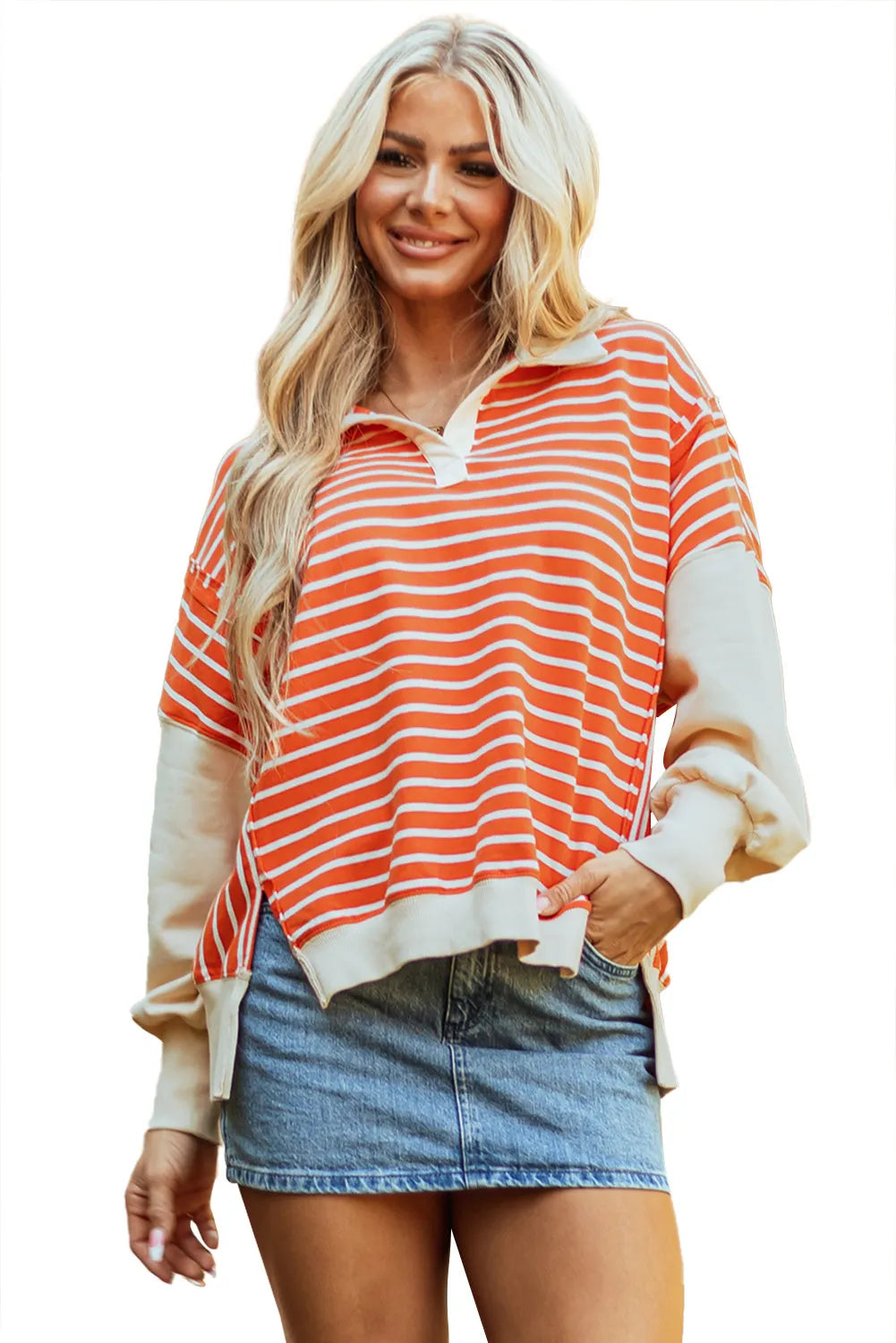 Orange Stripe Color Block Loose Fit Collared Drop Shoulder Sweatshirt - Chic Meadow Boutique 