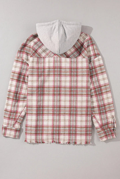 Multicolour Plaid Flap Pocket Hooded Raw Hem Jacket - Chic Meadow Boutique 