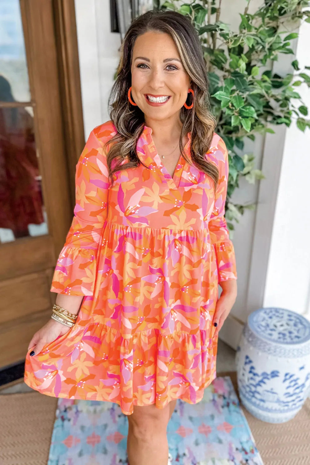 Orange Abstract Print Ruffled Sleeve V Neck Dress - Chic Meadow Boutique 