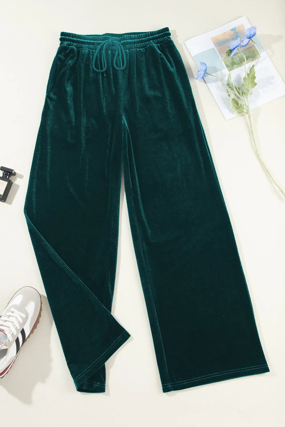 Evergreen Solid Drawstring Waist Wide Leg Pants - Chic Meadow Boutique 