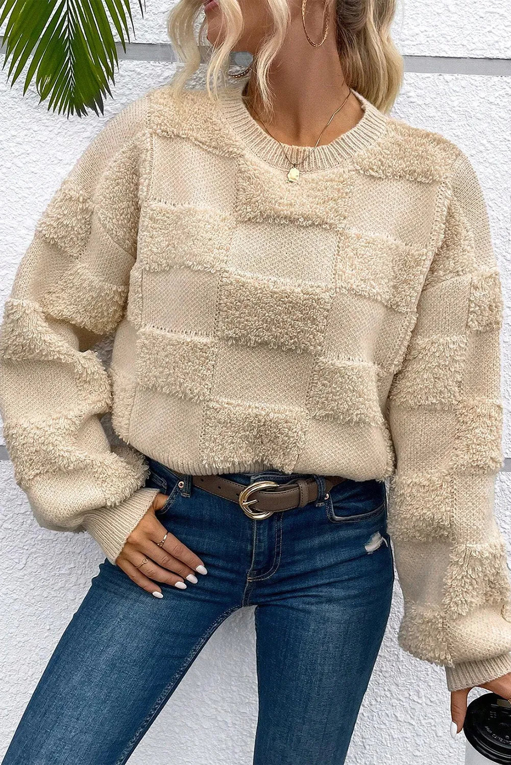 Parchment Checkered Sherpa Crew Neck Loose Sweater - Chic Meadow Boutique 