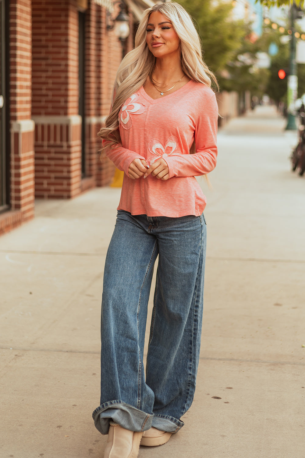 Fresh Salmon Floral Patchwork V Neck Long Sleeve T Shirt