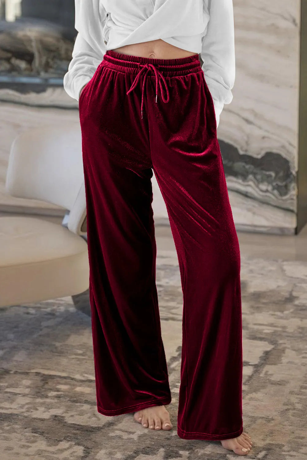 Burgundy Solid Drawstring Waist Wide Leg Pants - Chic Meadow Boutique 