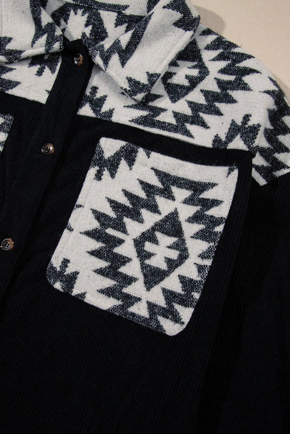 Black Aztec Patchwork Buttoned Corduroy Shacket - Chic Meadow Boutique 