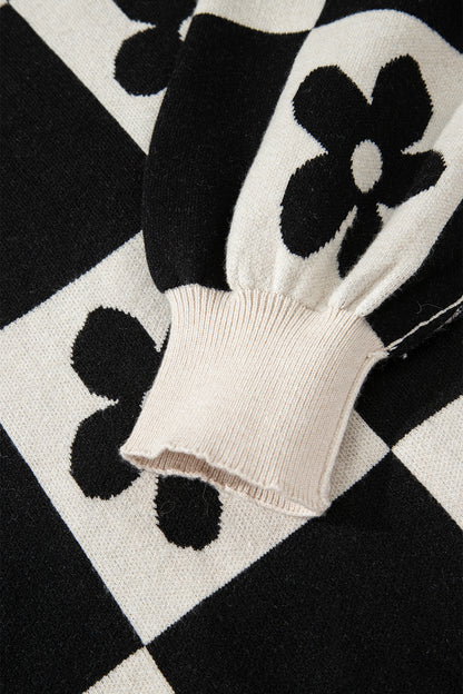 Black Flower Plaid Henley Baggy Sweater