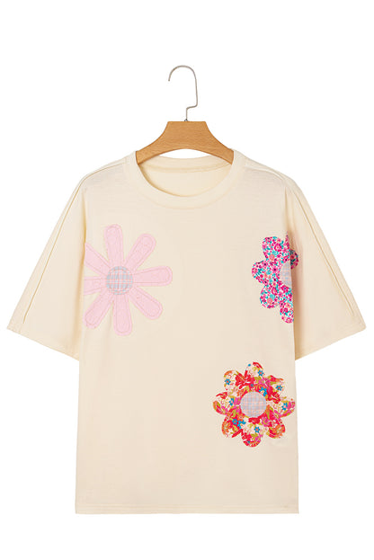 Apricot Flower Patched Exposed Stitching Trim Crew Neck Loose Tee