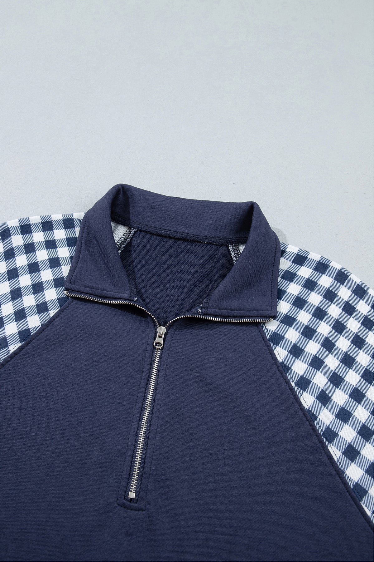 Navy Blue Patchwork Plaid Pocket Quarter Zip Sweatshirt
