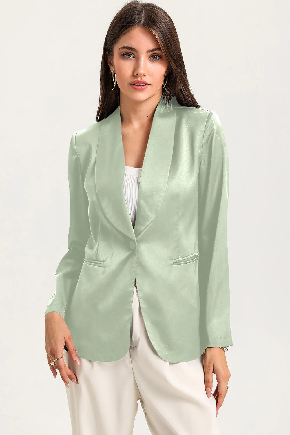 Green Collared Neck Single Breasted Blazer with Pockets - Chic Meadow Boutique 