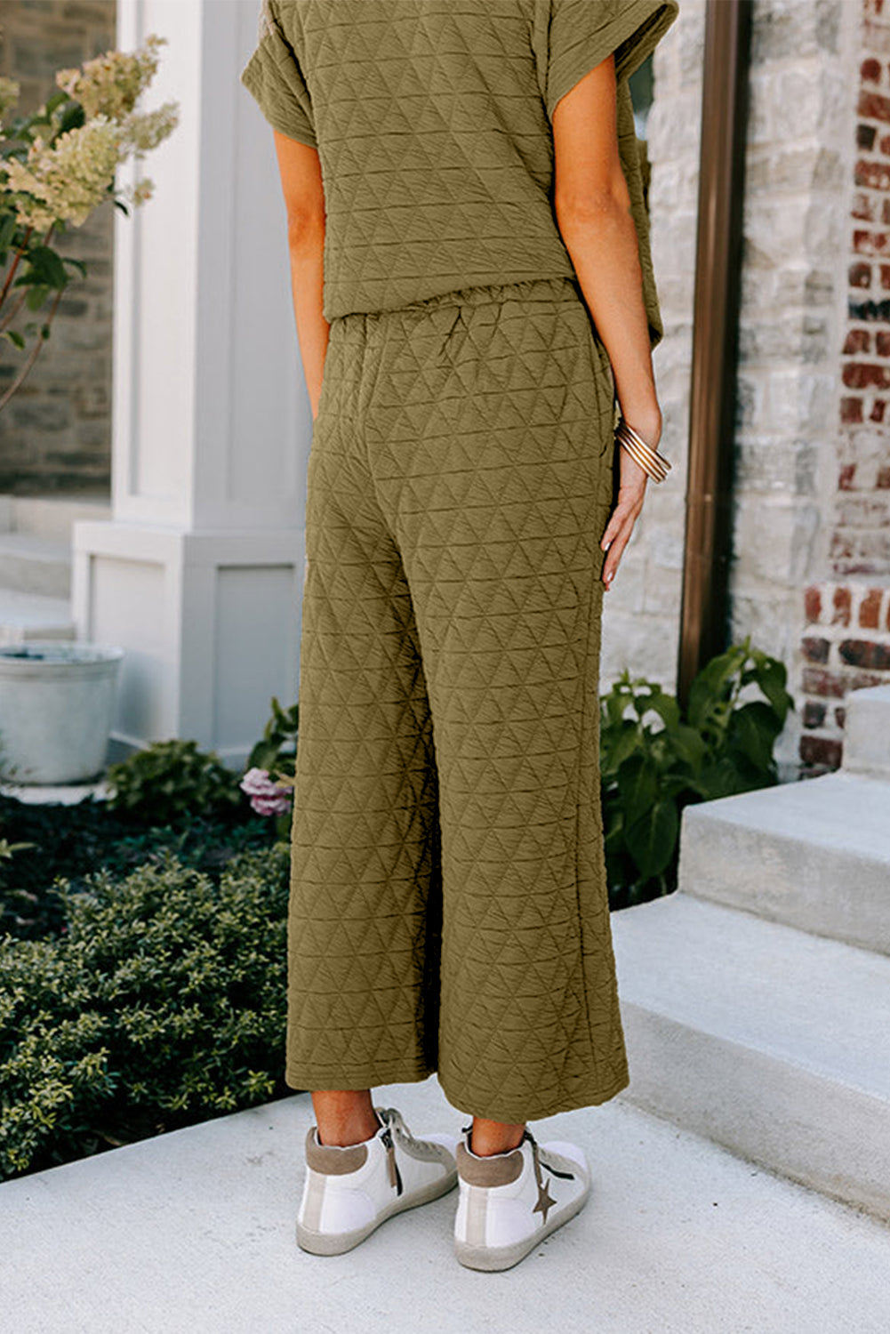 Sage Green Quilted Short Sleeve Wide Leg Pants Set