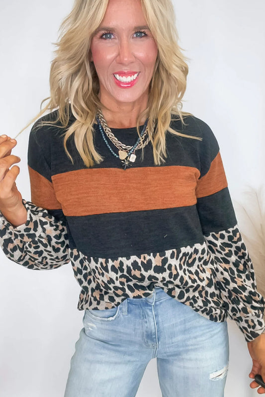 Black Color Block Leopard Patchwork Long Sleeve Casual Top