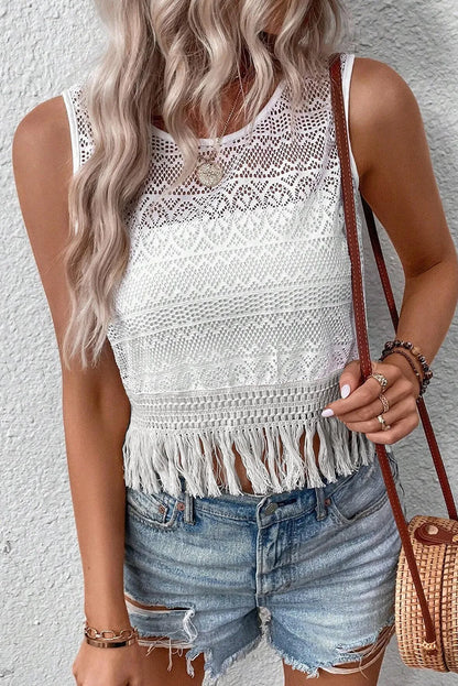 White Lace Crochet Hollow out Fringed Tank Top - Chic Meadow Boutique 