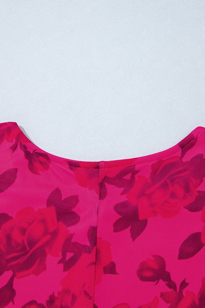 Red Floral Print Cuff Hem Serging Long Sleeve Sheath Dress