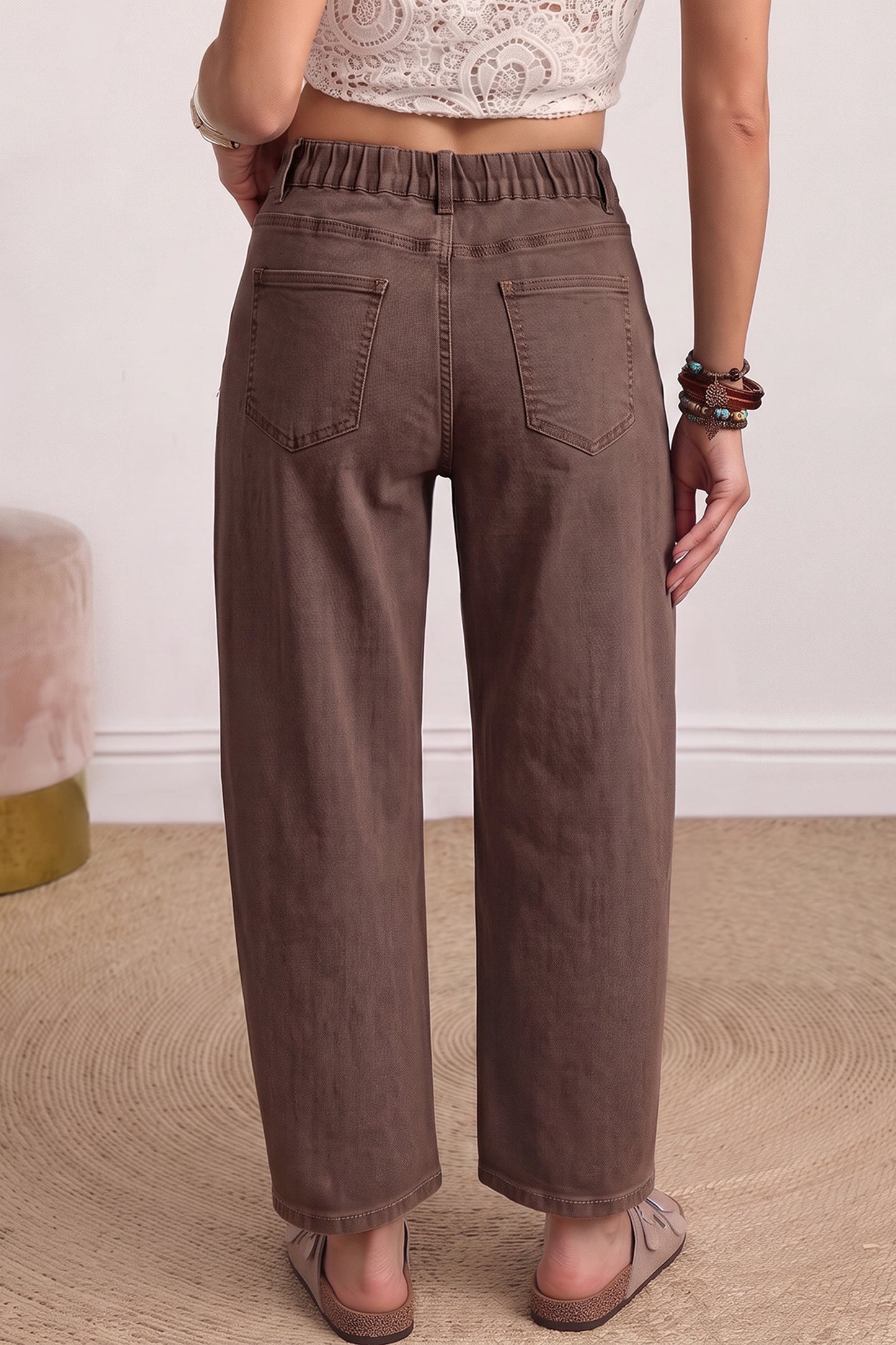 Coffee Solid Color Square Patch Pocket Ankle-length Barrel Jeans
