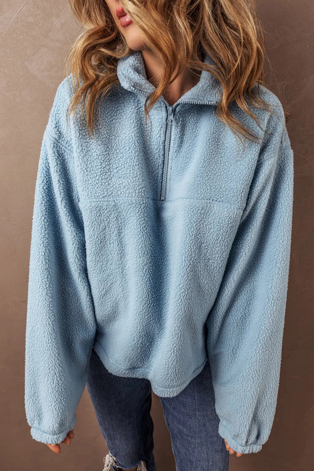 Myosotis Collared Zipper Drop Shoulder Fleece Sweatshirt - Chic Meadow Boutique 