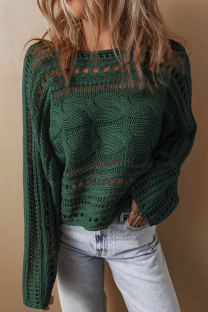 Blackish Green Hollow-out Cable Knit Cropped Sweater - Chic Meadow Boutique 