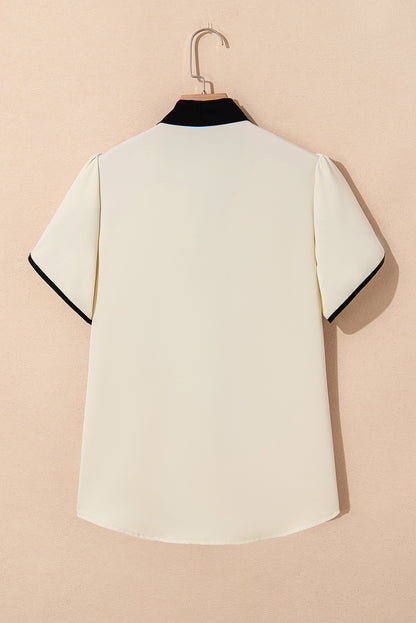 White Bow Knot Neckline Contrast Stripe Short Sleeve Blouse