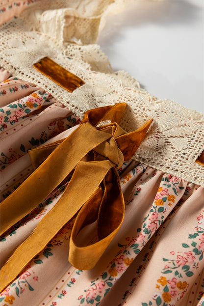 Khaki Floral Print Contrast Velvet Bow Lace Patchwork Long Sleeve Loose Mini Dress