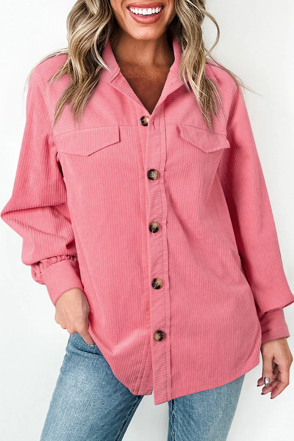 Bonbon Corduroy Flap Detail Button Up Split Shacket - Chic Meadow Boutique 