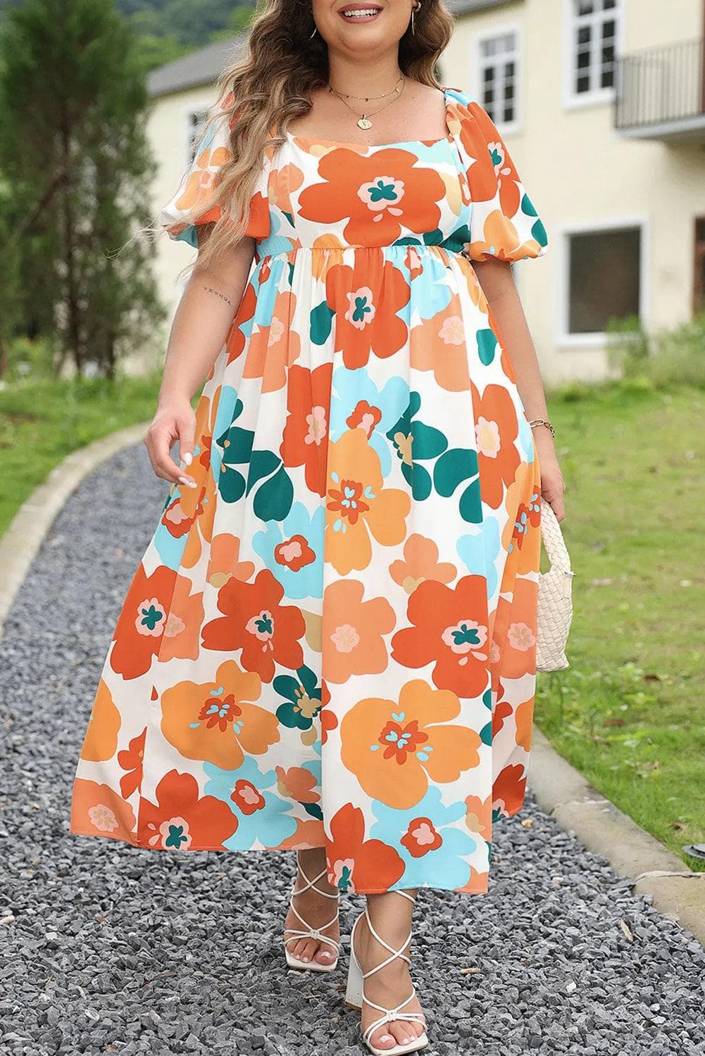 Plus Size/Plus Size Dresses/Plus Size Maxi Dresses Orange Plus Size Flower Print Shirred Square Neck Maxi Dress