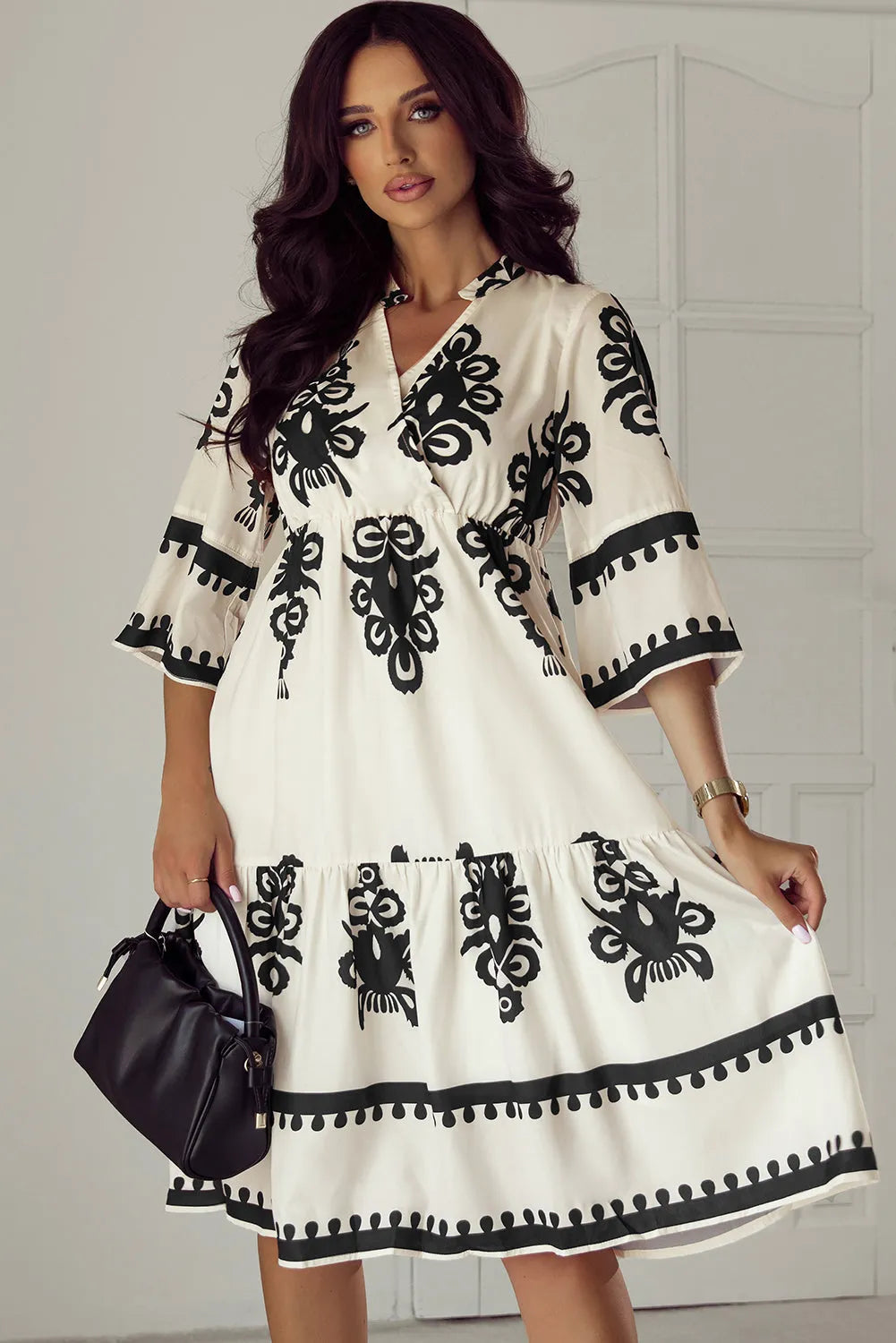 Beige Western Geometric Print 3/4 Sleeve Loose Midi Dress - Chic Meadow Boutique 