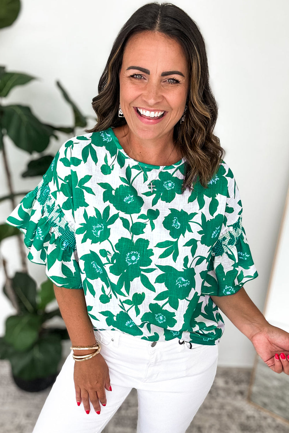 Green Floral Printed Ruffled Short Sleeve Round Neck Loose Blouse