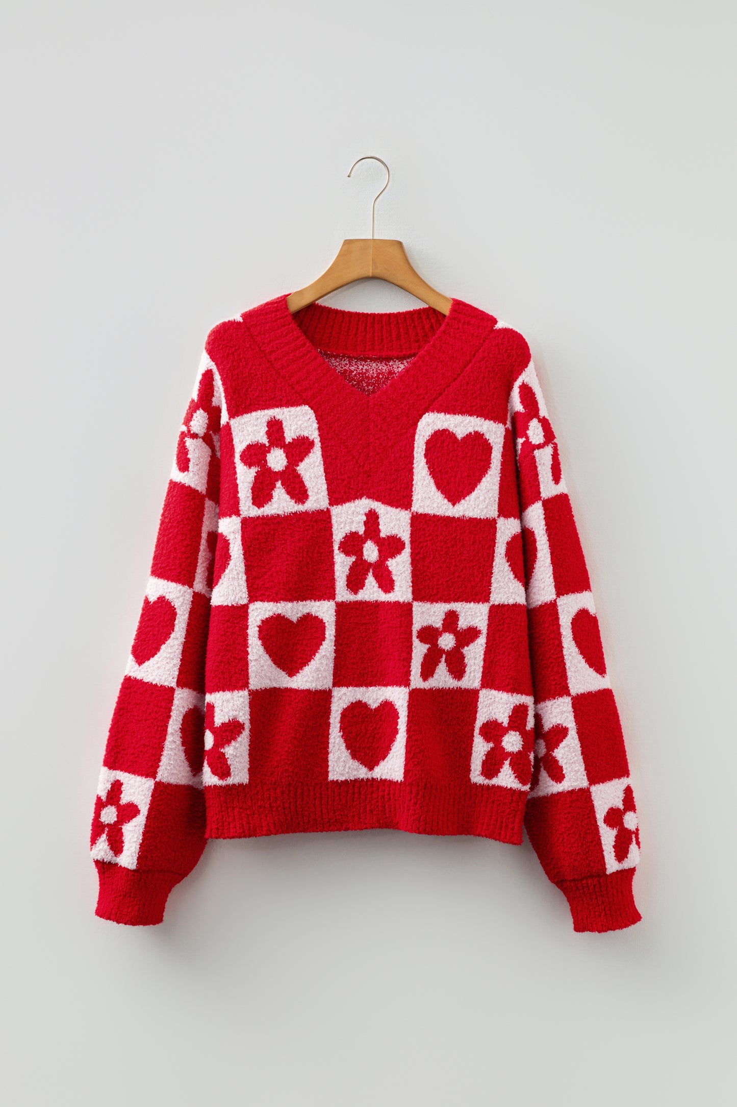 Fiery Red V Neck Flower Heart Detail Checkered Knit Loose Sweater