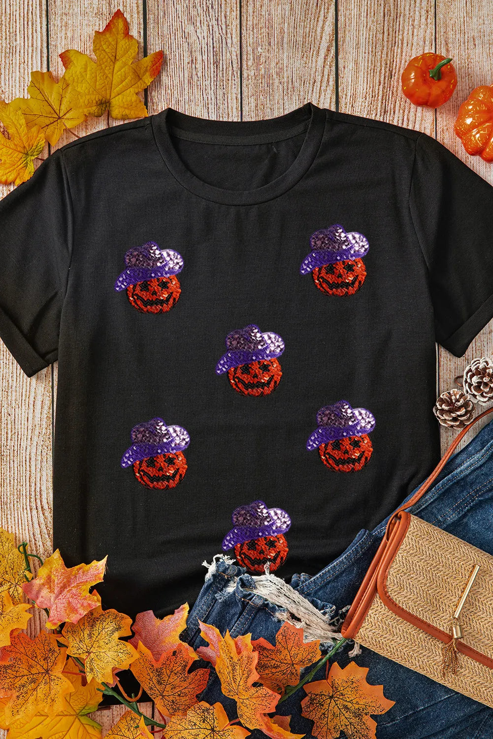 Black Sequin Hat Pumpkin Graphic Crewneck Halloween T Shirt - Chic Meadow Boutique 