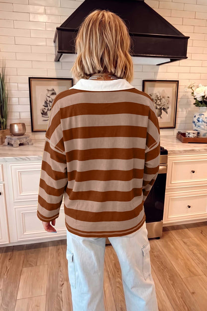 Brown Stripe Contrast Polo Collar Bracelet Sleeve Loose Top