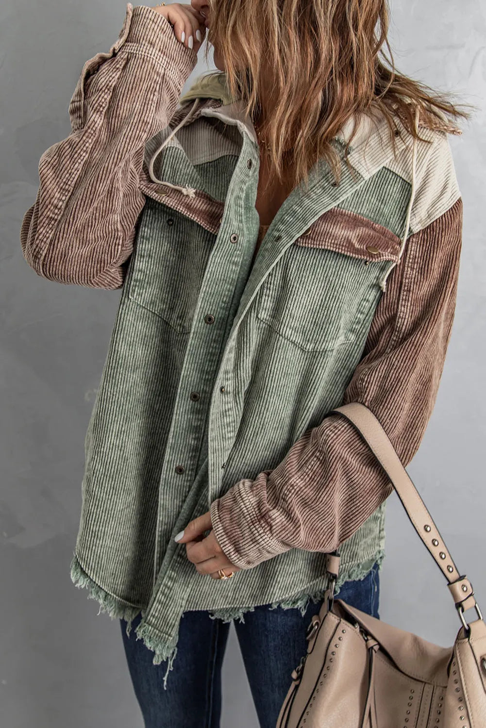 Green Color Block Button Down Hooded Corduroy Jacket - Chic Meadow Boutique 