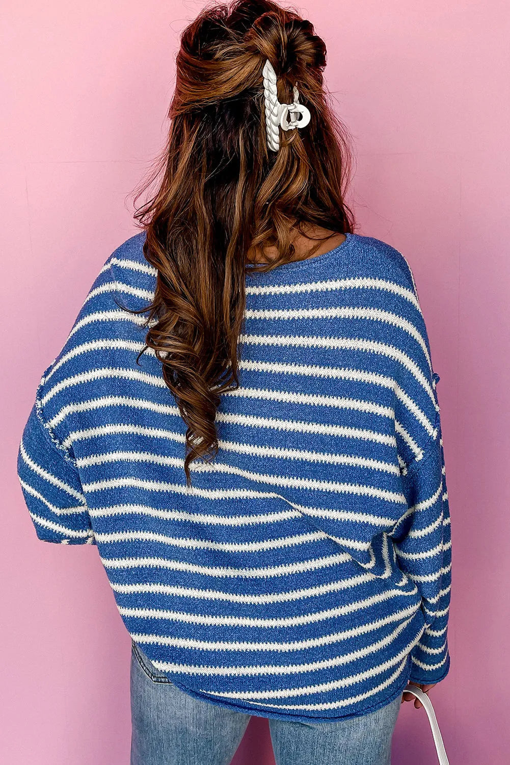 Sky Blue Stripe Drop Shoulder O Neck Plus Size Sweater - Chic Meadow Boutique 