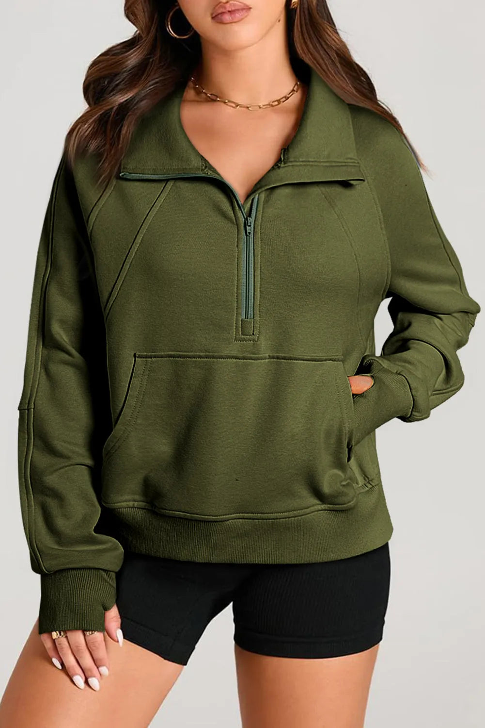 Tops/Sweatshirts & Hoodies Moss Green Quarter Zip Stand Neck Kangaroo Pocket Sweatshirt