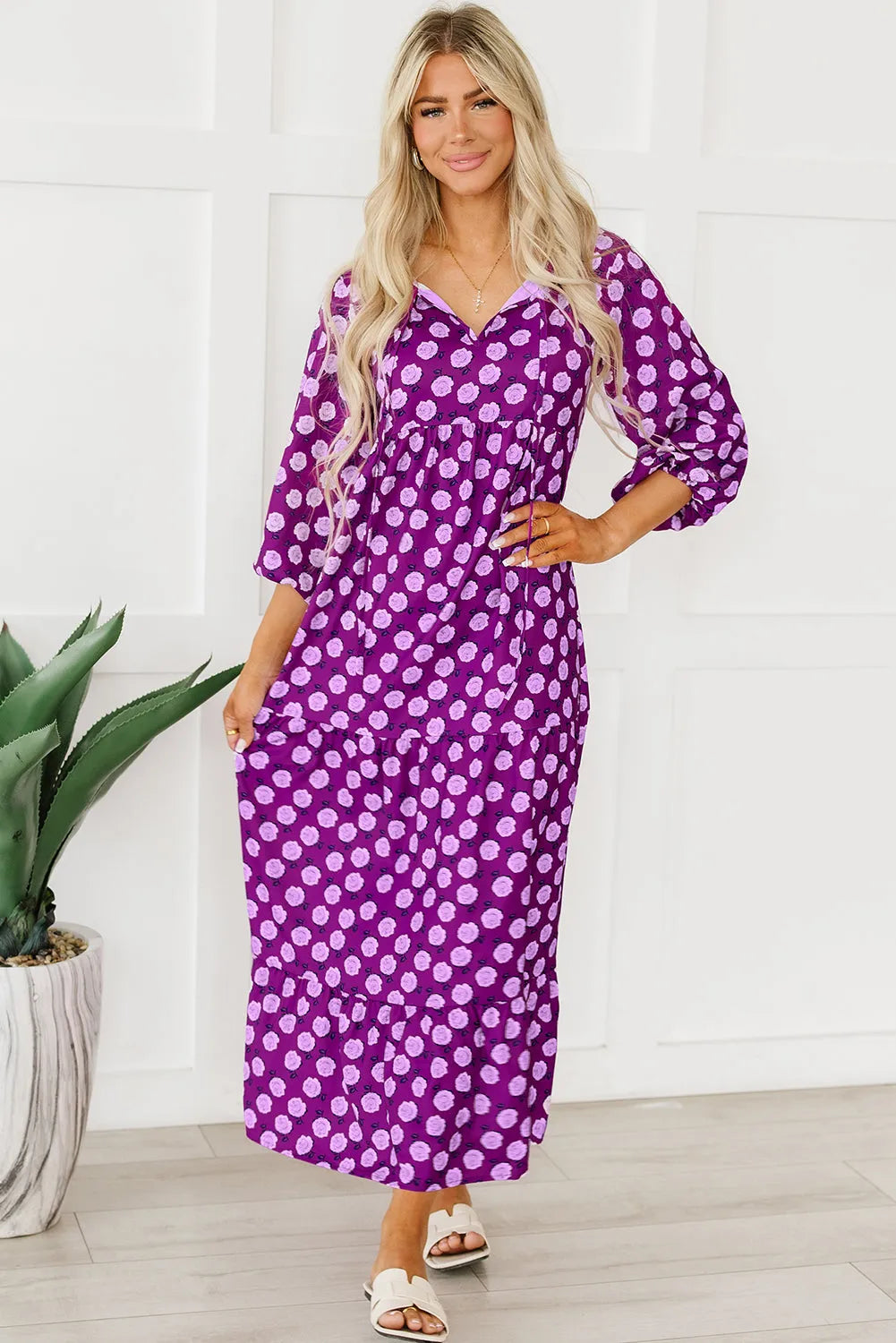 Purple Boho Printed Puff Sleeve Maxi Dress - Chic Meadow Boutique 