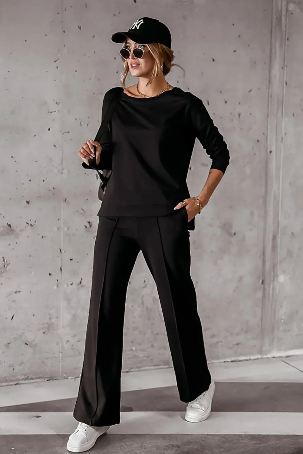 Black Solid Pullover and Seamed Casual Pants Set - Chic Meadow Boutique 