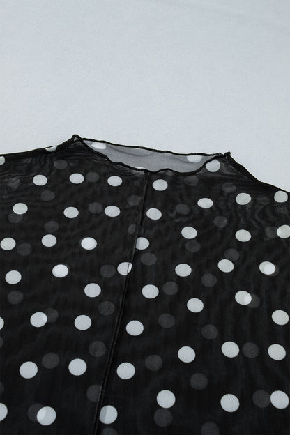 Black Plus Size Mock Neck Polka Dot Long Sleeve Mesh Top