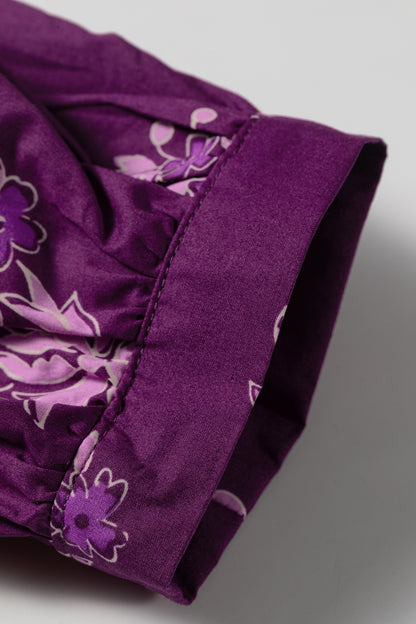 Purple Floral Print Button Front Long Puff Sleeve Shirt